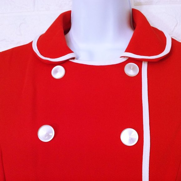 Vintage 60s-70s Uniform Dress Waitress Service -M(8) Knit Polyester Red White - Picture 5 of 10